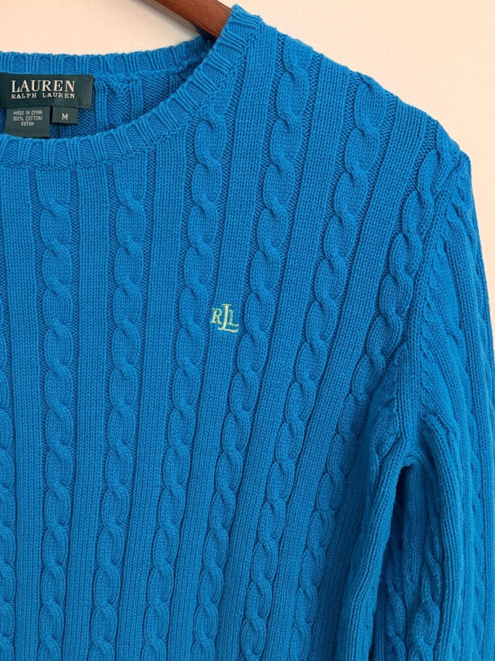 Vintage Ralph Lauren Turquoise Cable Knit Sweater, 100% Cotton, Size M
